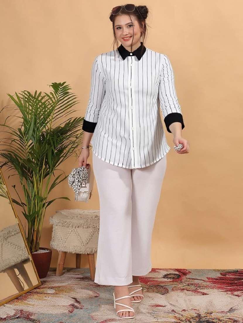 women striped collared long sleeve shirt - 22004477 -  Standard Image - 3