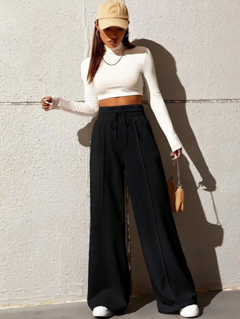 women black solid mid rise wide leg trouser - 22004540 - Standard Image - 3