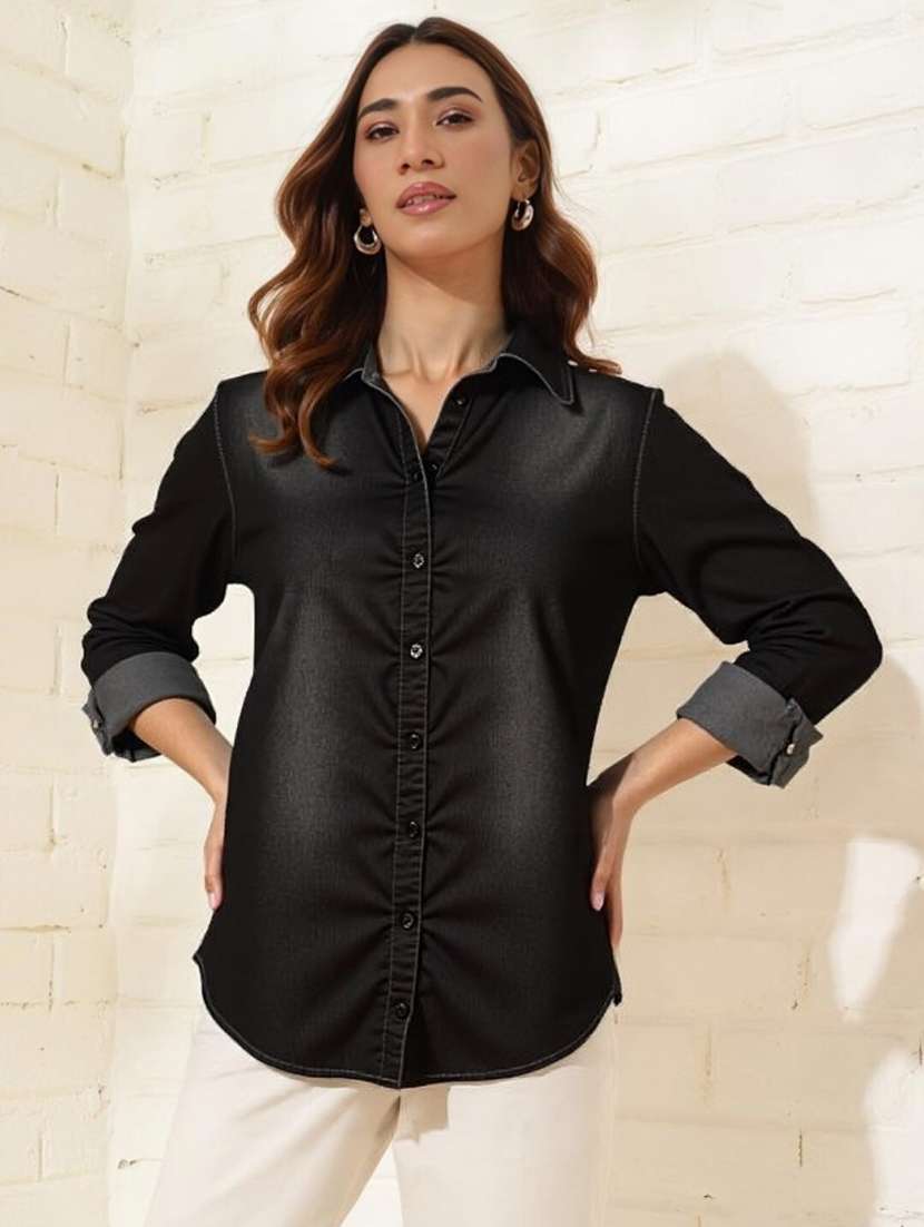 women solid long sleeve regular fit denim shirt