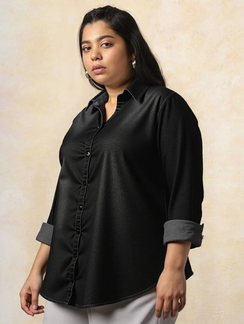 women plus size washed long sleeve denim shirt