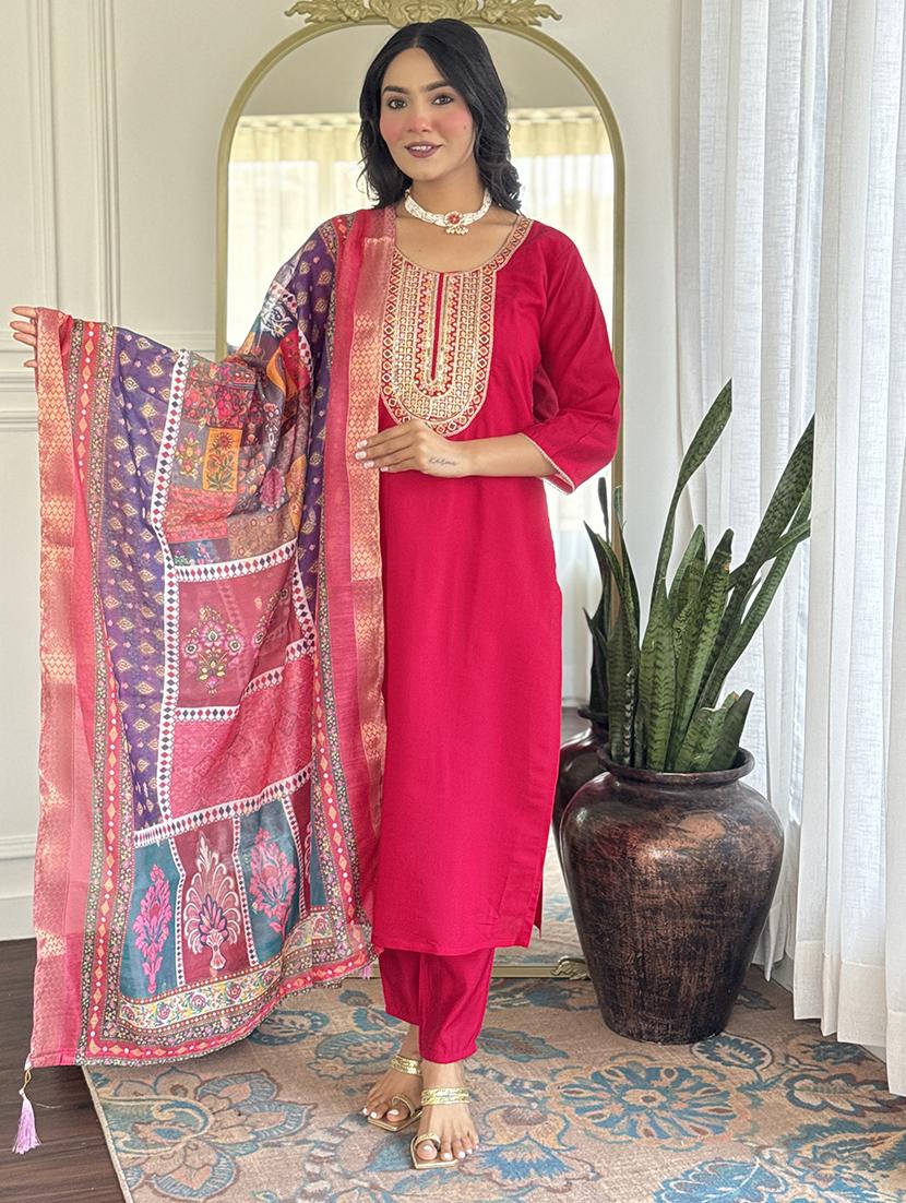 women embroidered three quarter sleeve kurta pant with dupatta set - 22004611 -  Zoom Image - 0