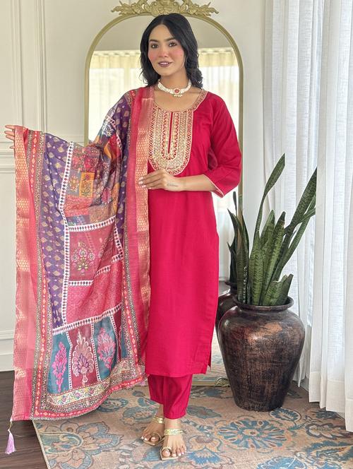 women embroidered three quarter sleeve kurta pant with dupatta set - 22004612 -  Standard Image - 0