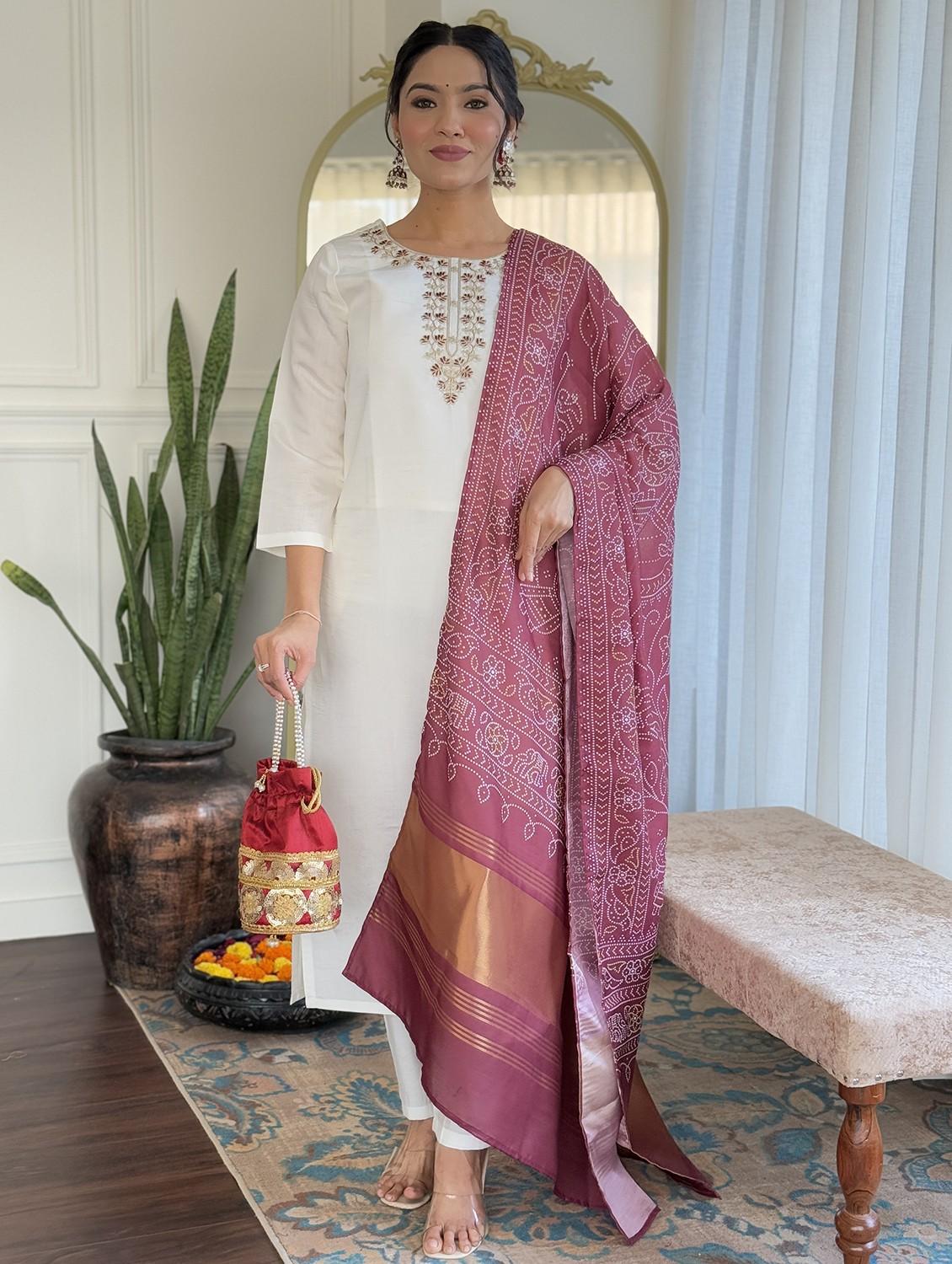 women embroidered three quarter sleeve kurta pant with dupatta set