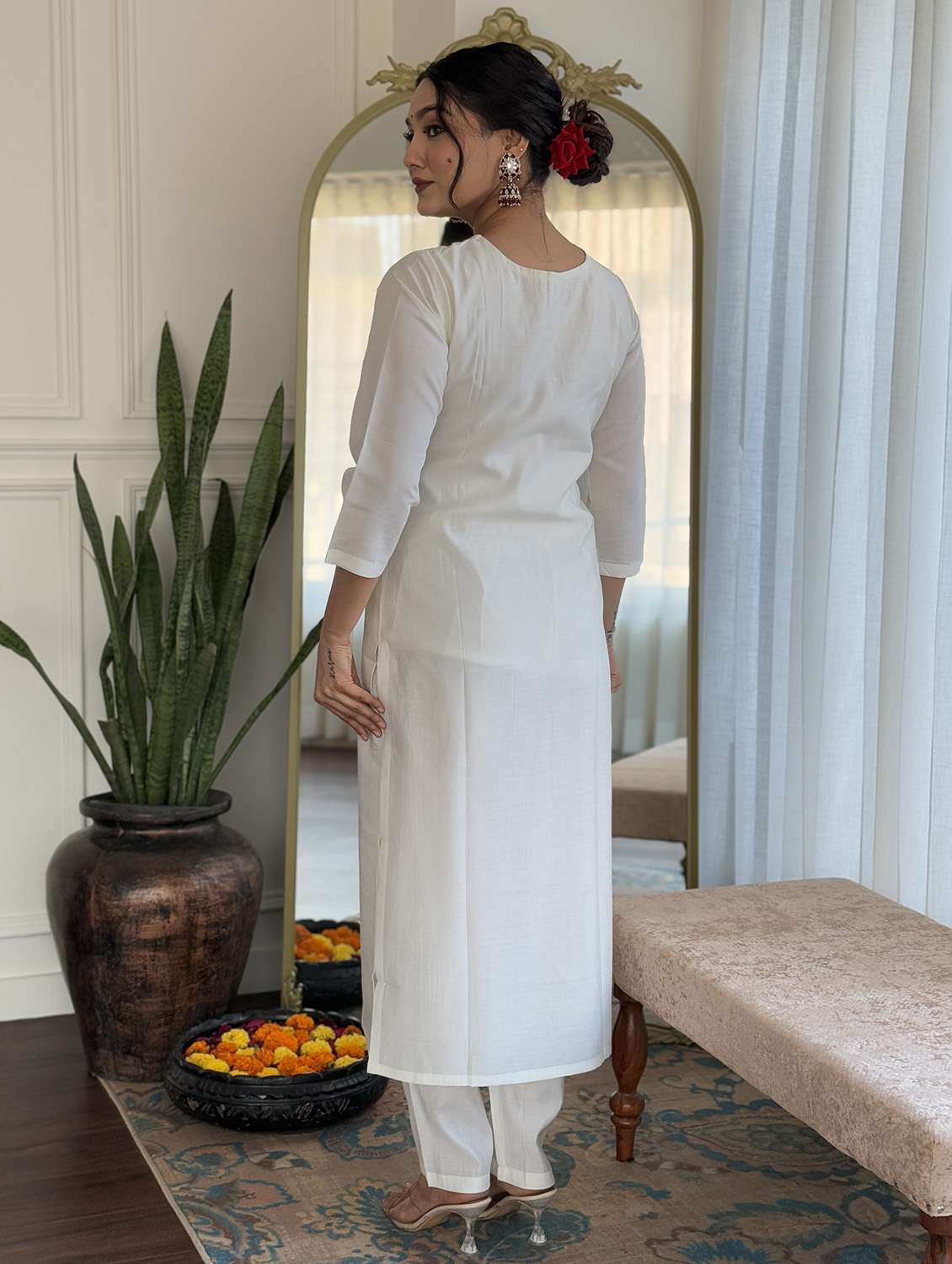 women embroidered three quarter sleeve kurta pant with dupatta set - 22004647 - Standard Image - 3
