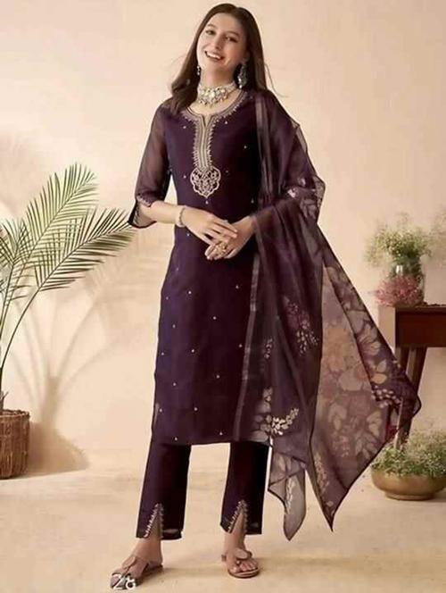 women embroidered three quarter sleeve kurta pant with dupatta set - 22004655 -  Standard Image - 0