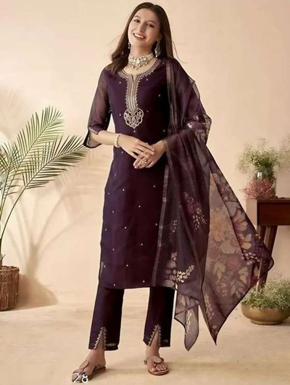women embroidered three quarter sleeve kurta pant with dupatta set