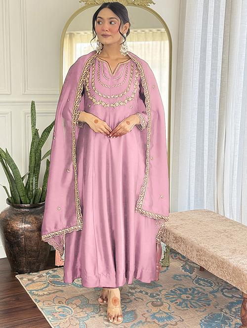 women embroidered long sleeve anarkali kurta pant with dupatta set - 22004664 -  Standard Image - 0