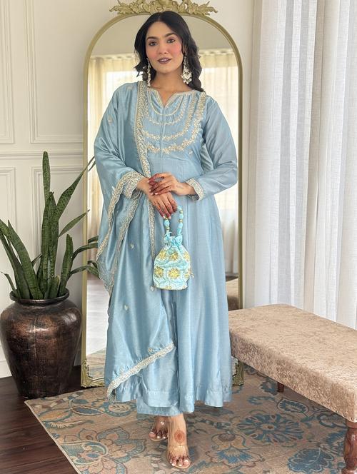 women embroidered long sleeve anarkali kurta pant with dupatta set - 22004669 -  Standard Image - 0