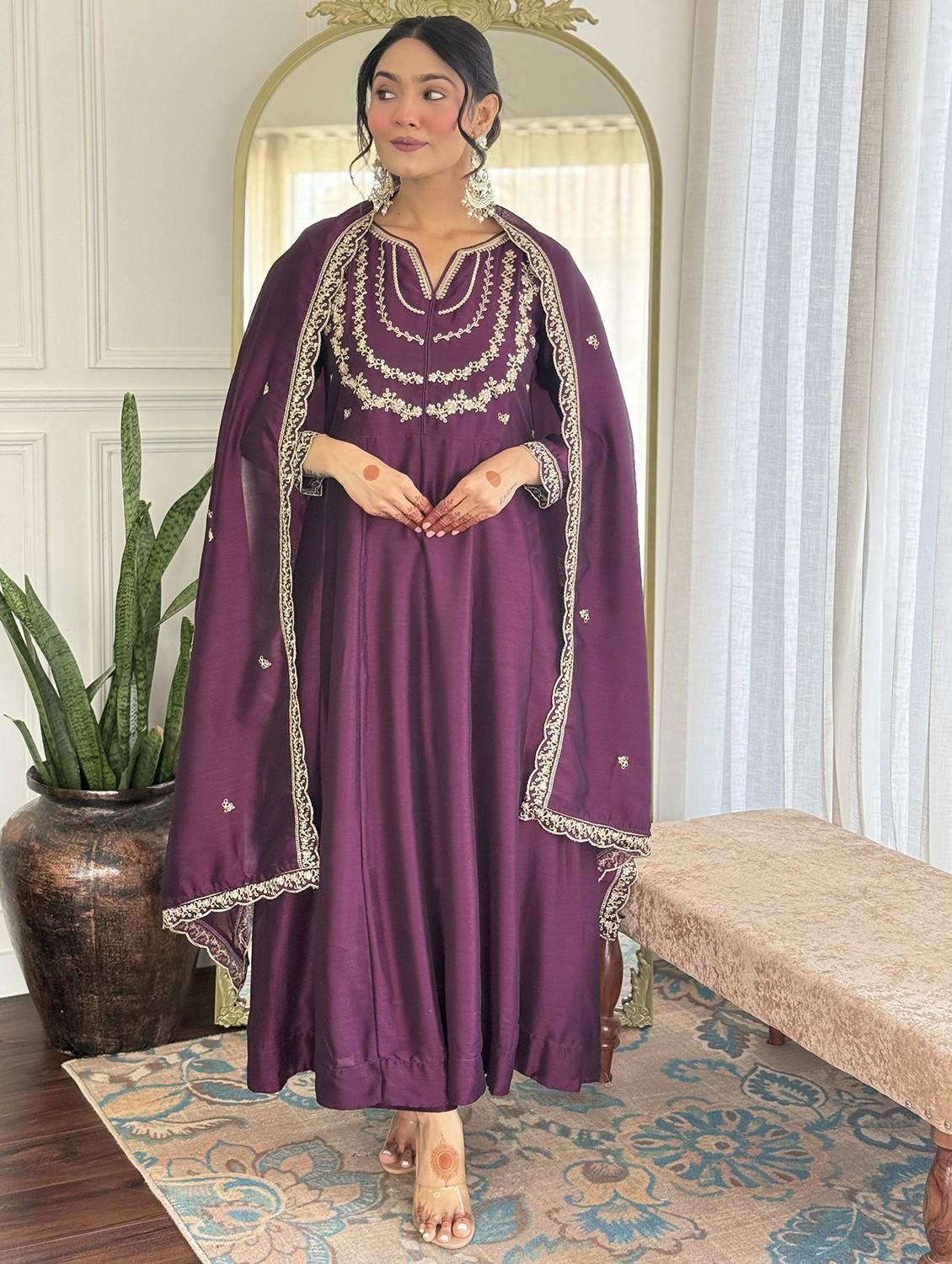 women embroidered long sleeve anarkali kurta pant with dupatta set - 22004674 - Zoom Image - 0
