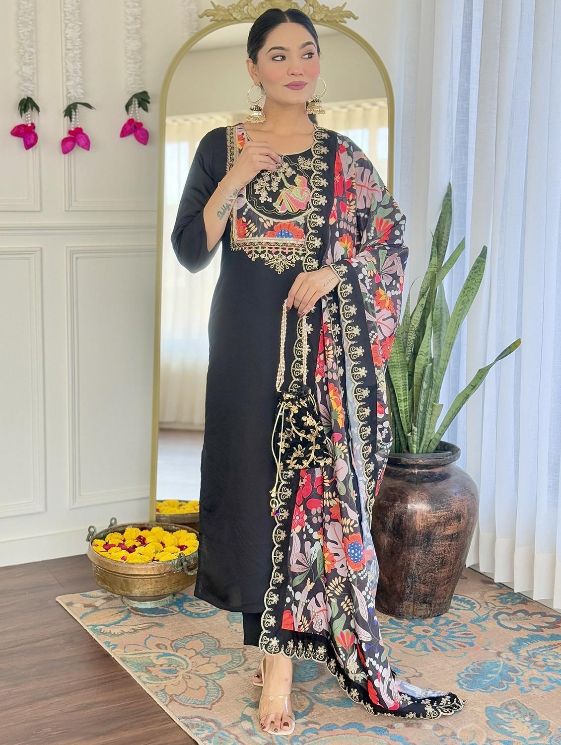 women embroidered three quarter sleeve kurta pant with dupatta set