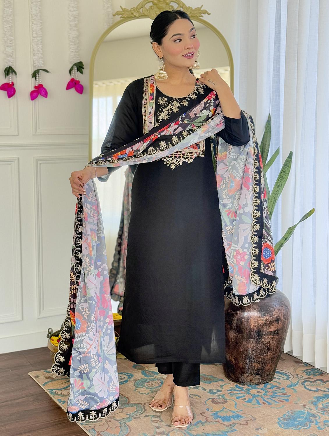 women embroidered three quarter sleeve kurta pant with dupatta set - 22004684 - Standard Image - 3