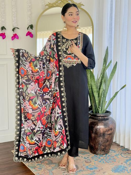women embroidered three quarter sleeve kurta pant with dupatta set - 22004688 -  Standard Image - 0