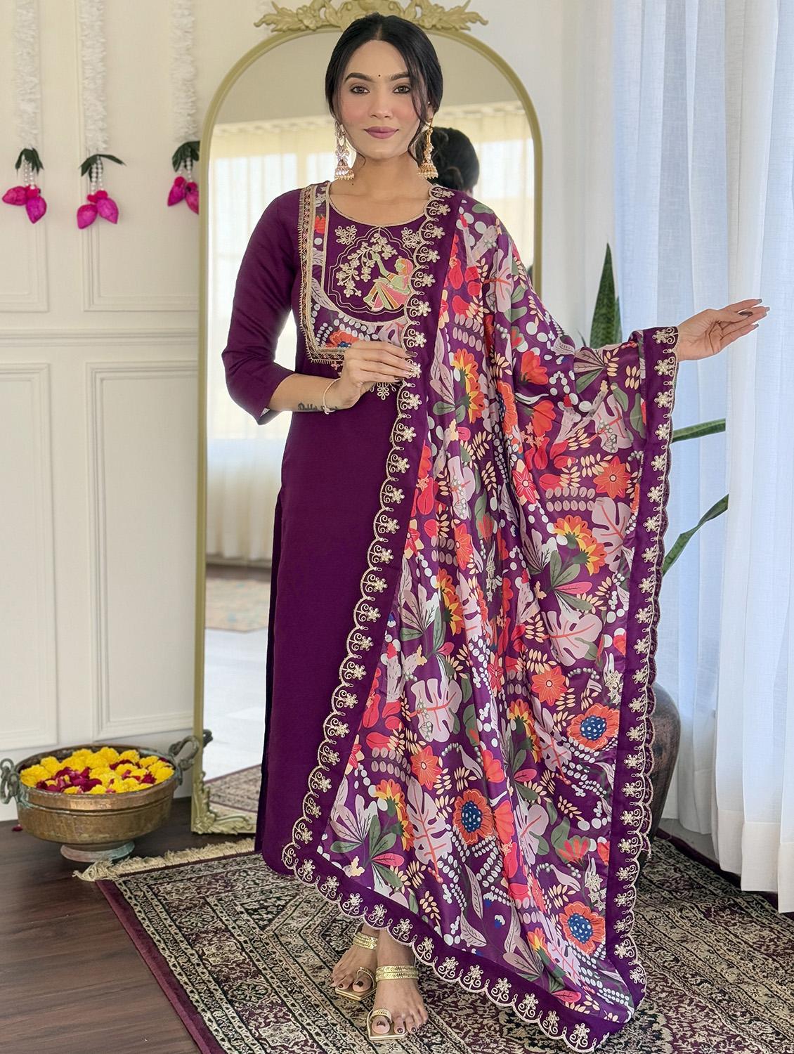 women embroidered three quarter sleeve kurta pant with dupatta set - 22004689 -  Zoom Image - 0