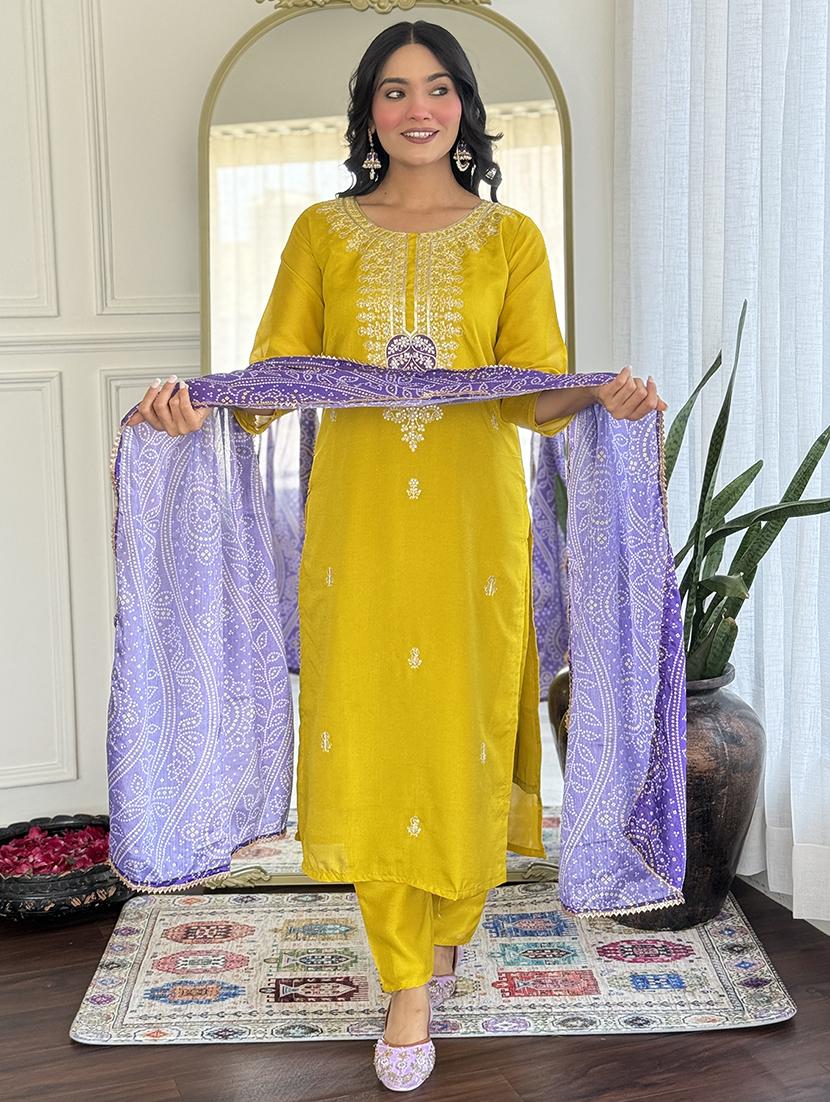 women embroidered three quarter sleeve kurta pant with dupatta set