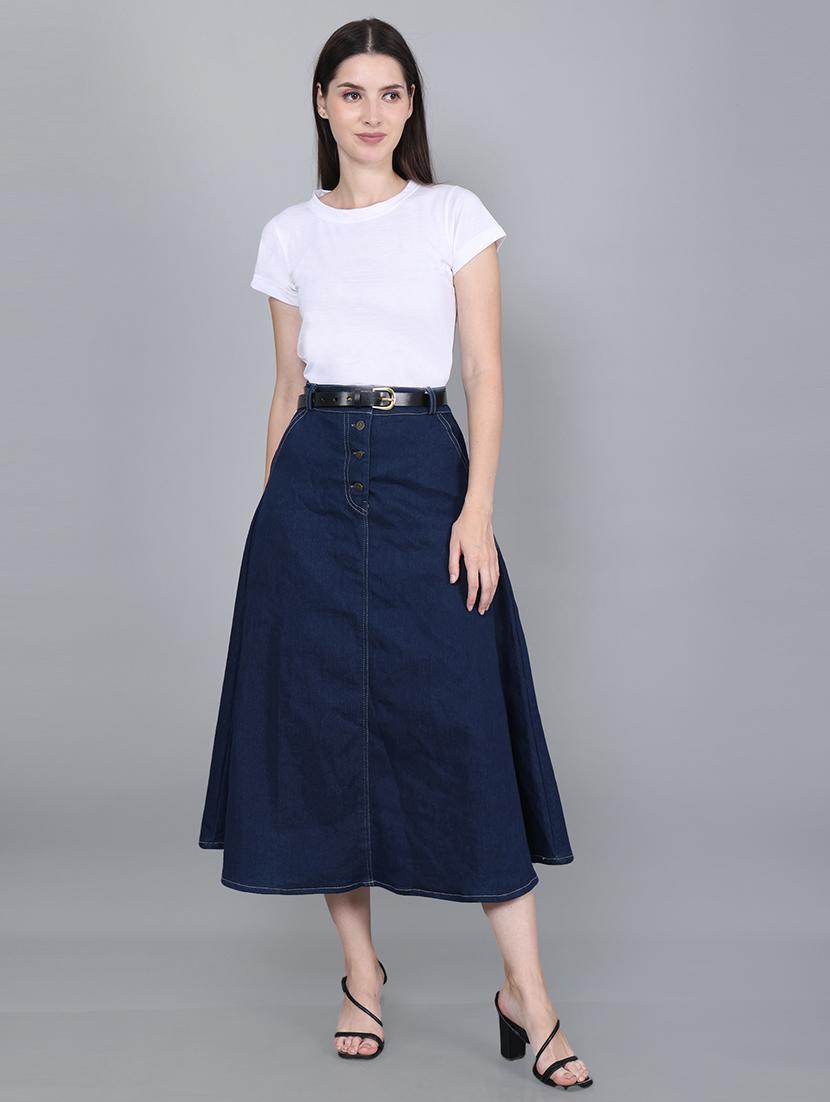 women solid high rise denim a-line skirt - 22004884 - Standard Image - 3