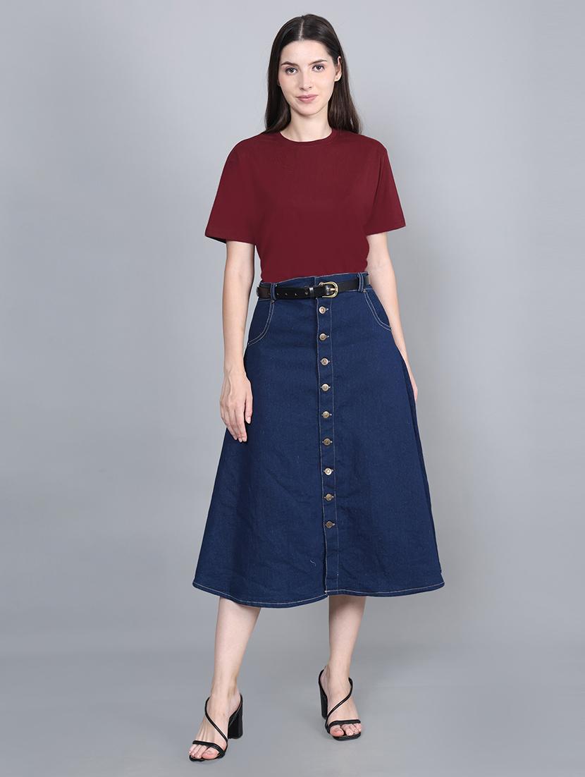 women solid high rise denim a-line skirt - 22004885 - Standard Image - 3