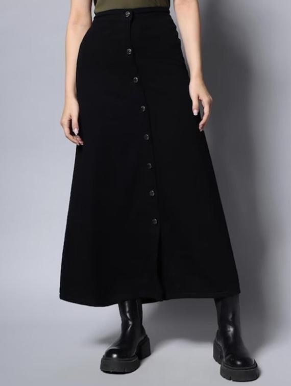 women solid high rise denim a-line skirt