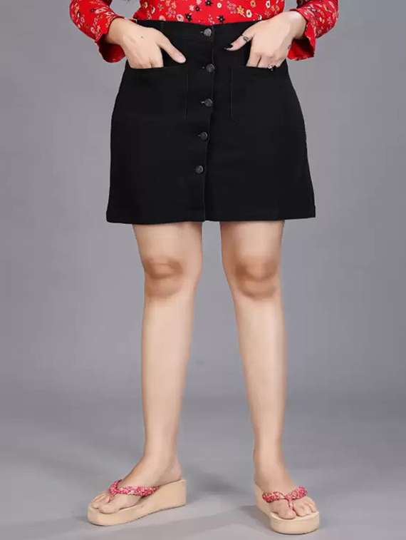 women solid mid rise denim skirt