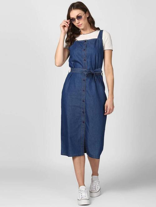women blue solid shoulder strap dungaree dress - 22004908 -  Standard Image - 0