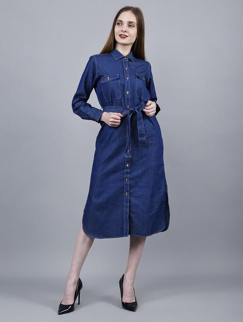 women solid collared long sleeve denim shirt dress - 22004909 - Standard Image - 0