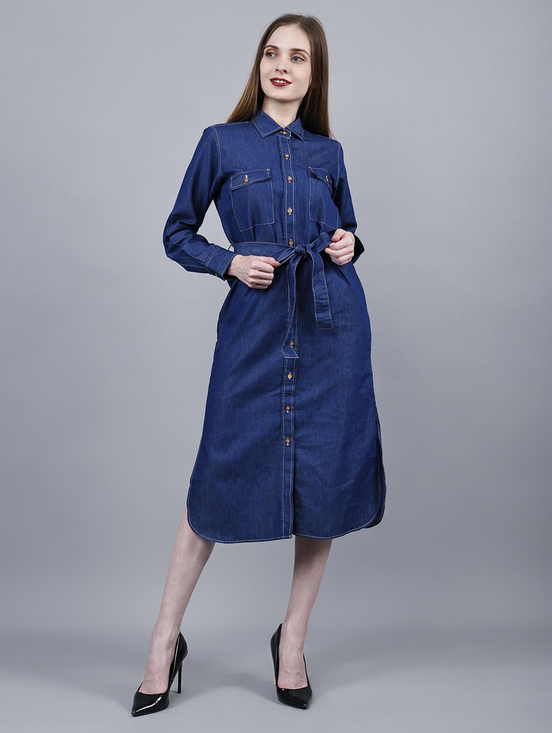 women solid collared long sleeve denim shirt dress
