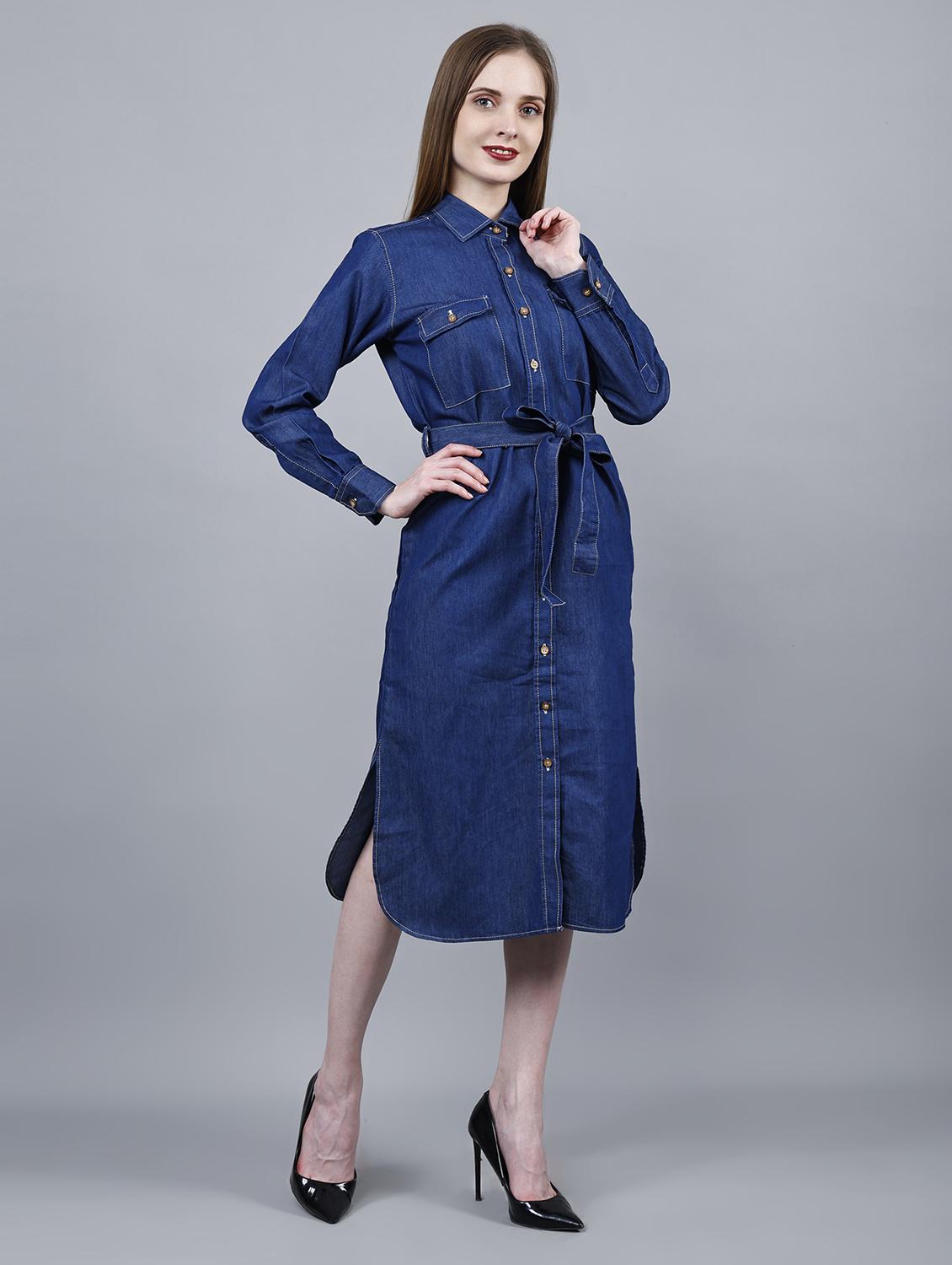 women solid collared long sleeve denim shirt dress - 22004909 - Standard Image - 3