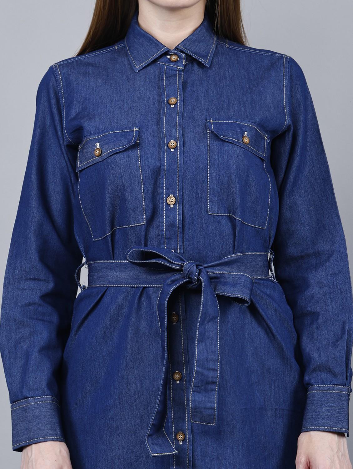 women solid collared long sleeve denim shirt dress - 22004909 - Standard Image - 5