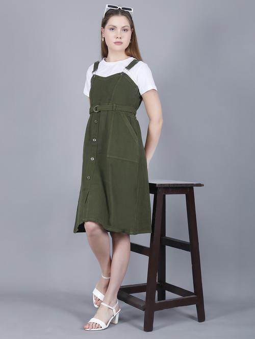 women solid shoulder strap dungaree dress - 22004911 -  Standard Image - 0