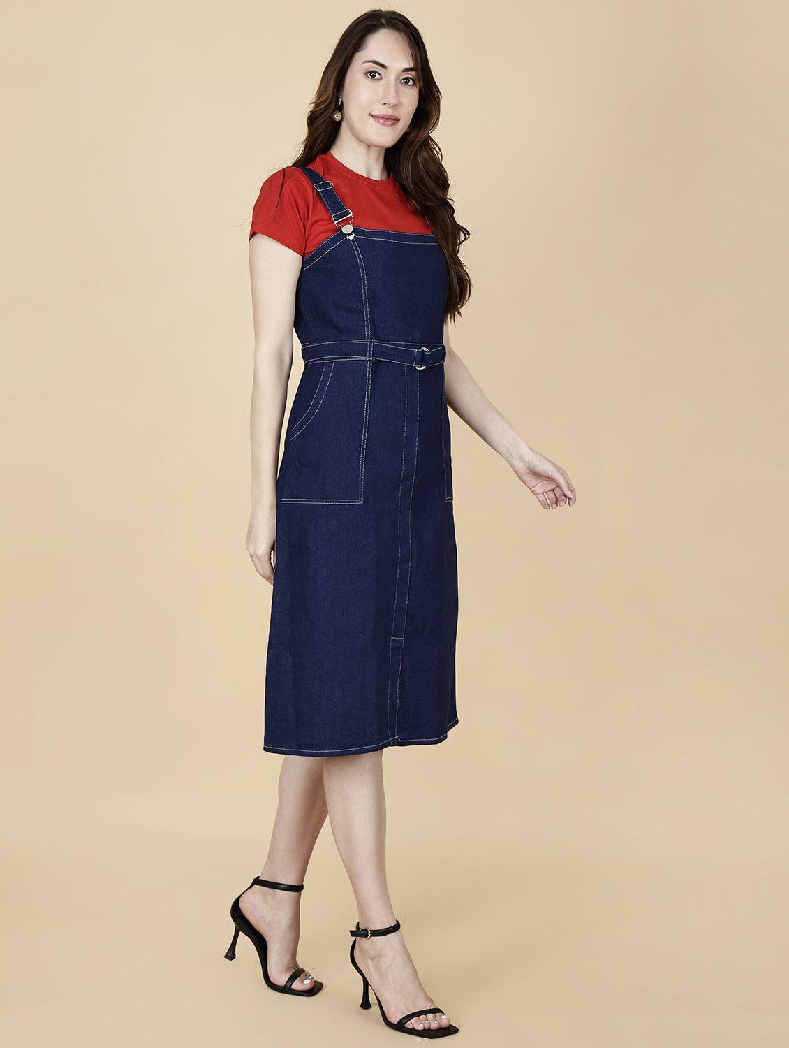 women solid shoulder strap denim dungaree dress - 22004918 - Standard Image - 3