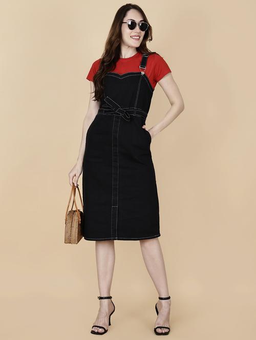 women solid shoulder strap denim dungaree dress - 22004919 -  Standard Image - 0