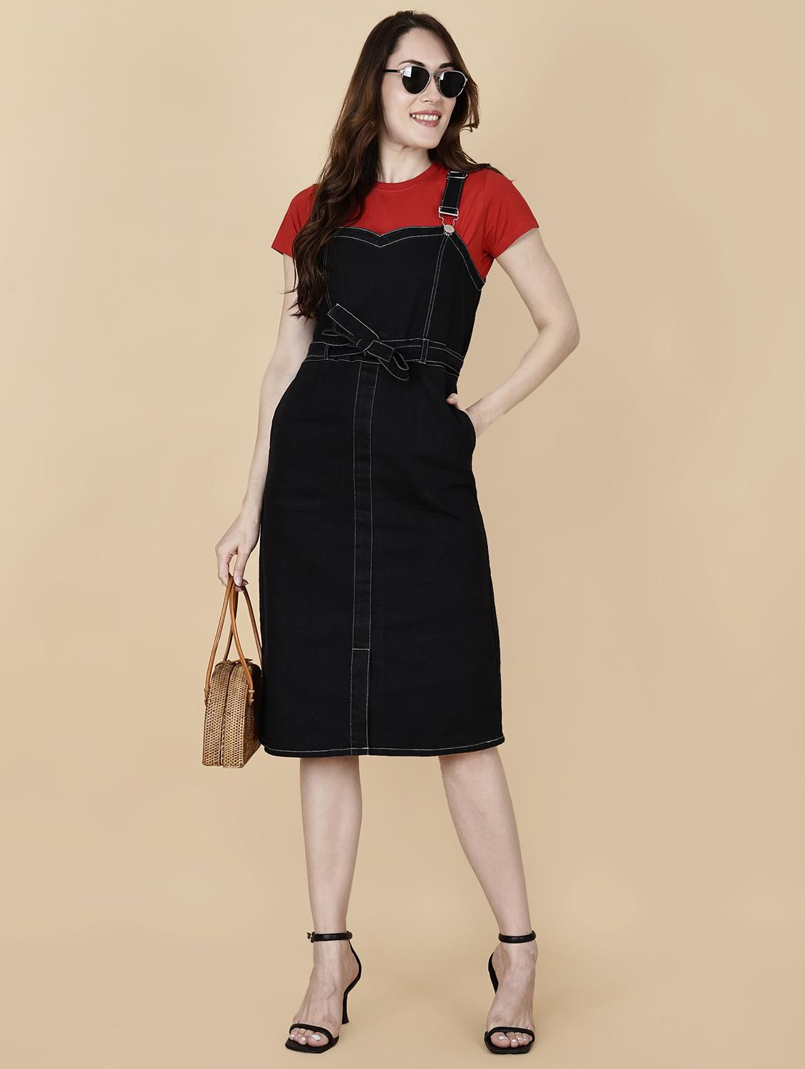 women solid shoulder strap denim dungaree dress - 22004919 -  Zoom Image - 0