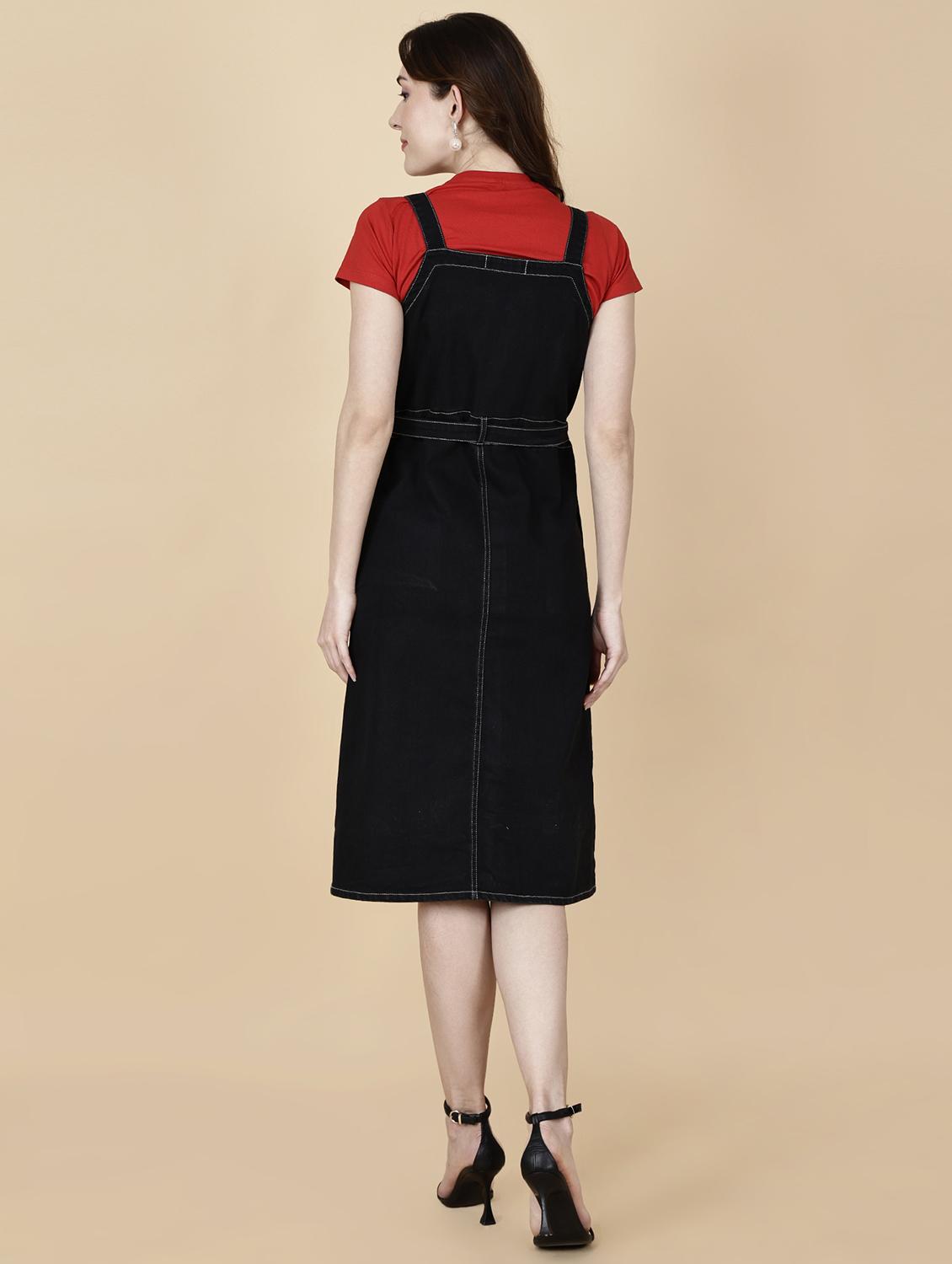 women solid shoulder strap denim dungaree dress - 22004919 - Standard Image - 3