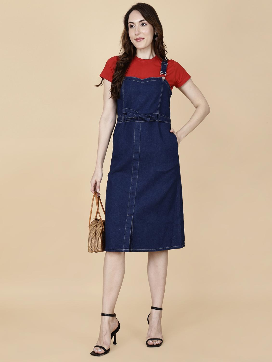women solid shoulder strap denim dungaree dress - 22004920 -  Zoom Image - 0