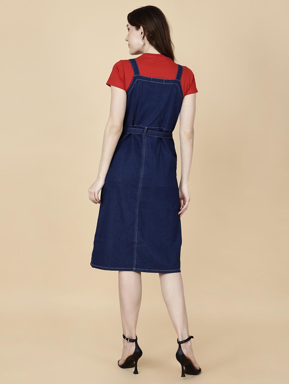 women solid shoulder strap denim dungaree dress - 22004920 - Standard Image - 3