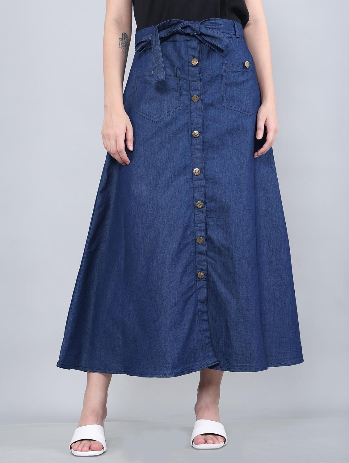 women solid mid rise denim a-line skirt