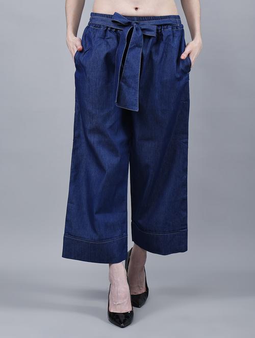 women solid mid rise denim wide leg trouser - 22004926 -  Standard Image - 0