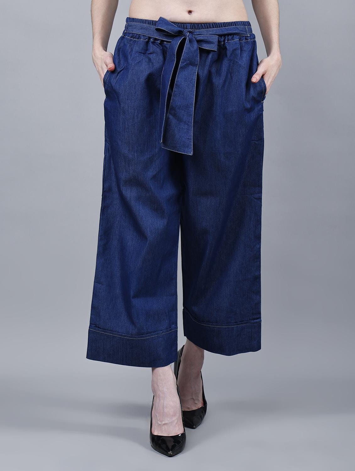 women solid mid rise denim wide leg trouser