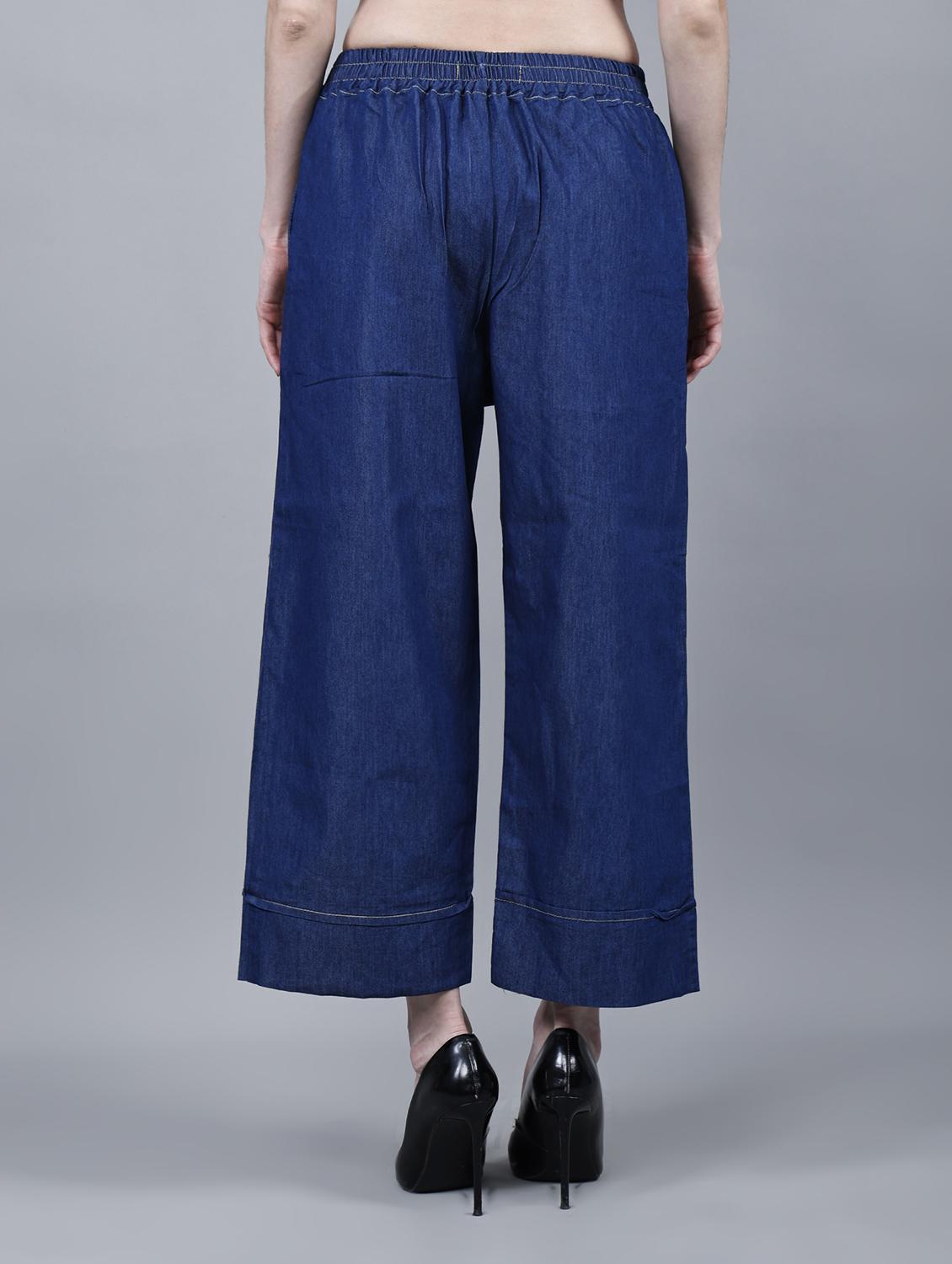 women solid mid rise denim wide leg trouser - 22004926 - Standard Image - 3