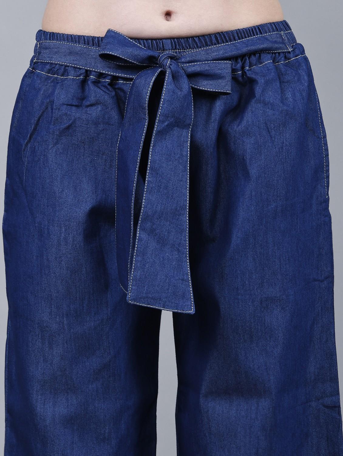 women solid mid rise denim wide leg trouser - 22004926 - Standard Image - 5