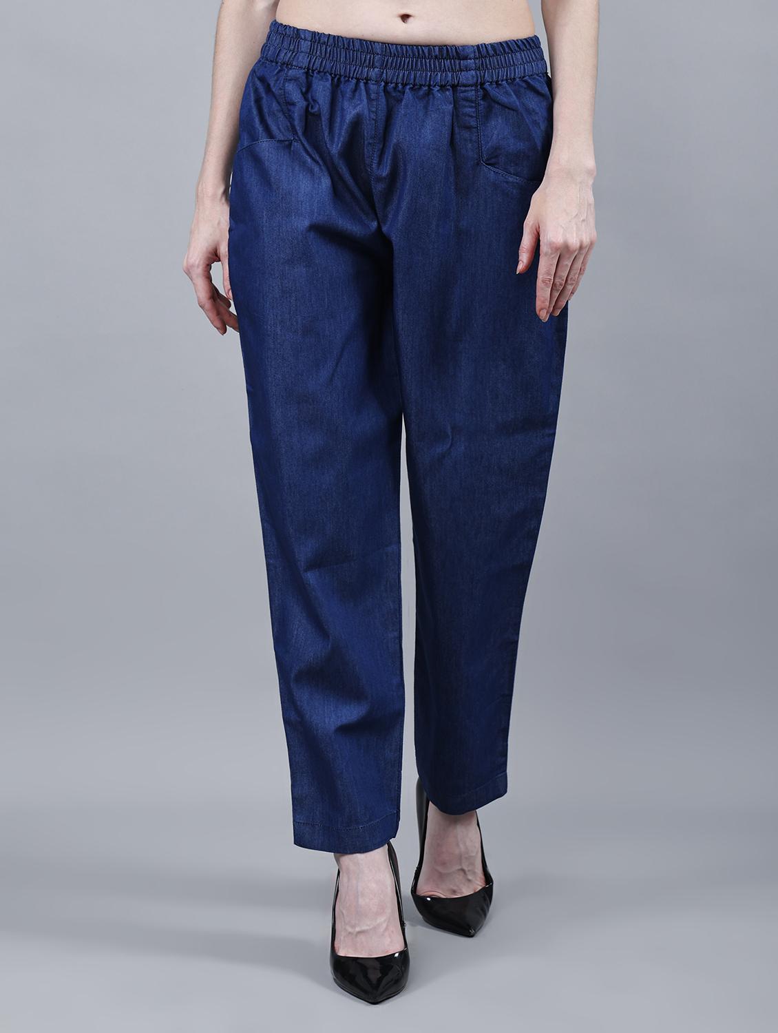 women solid mid rise denim tailored pants