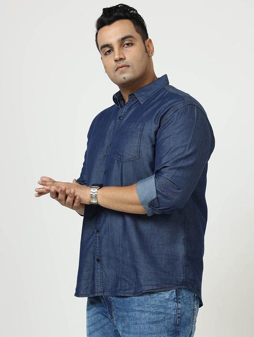 men plus size solid long sleeve regular fit denim casual shirt - 22004928 - Standard Image - 0