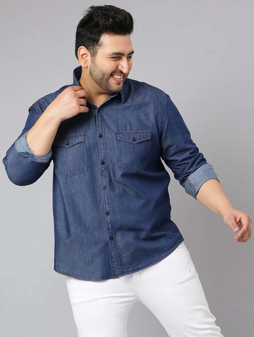 men plus size solid long sleeve regular fit denim casual shirt - 22004929 - Standard Image - 0