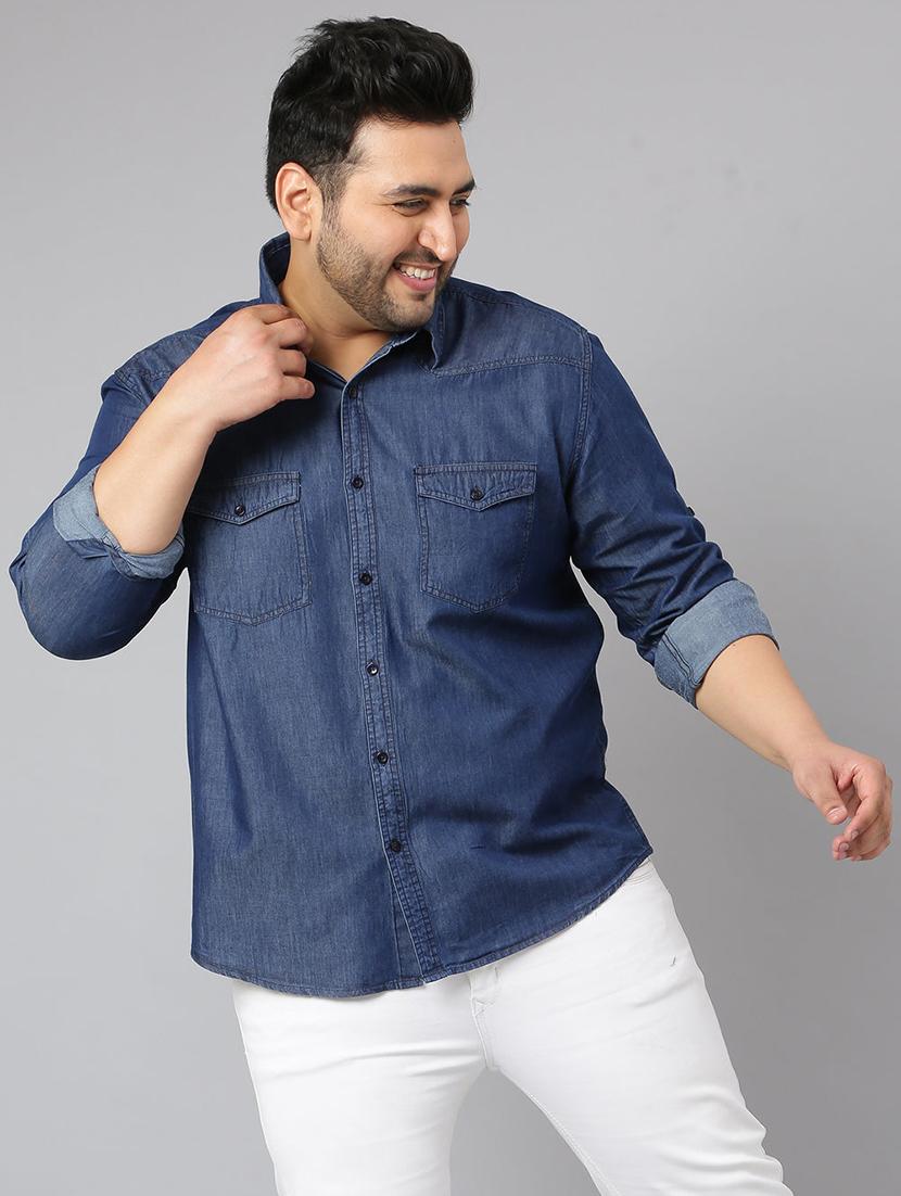men plus size solid long sleeve regular fit denim casual shirt - 22004929 - Zoom Image - 0