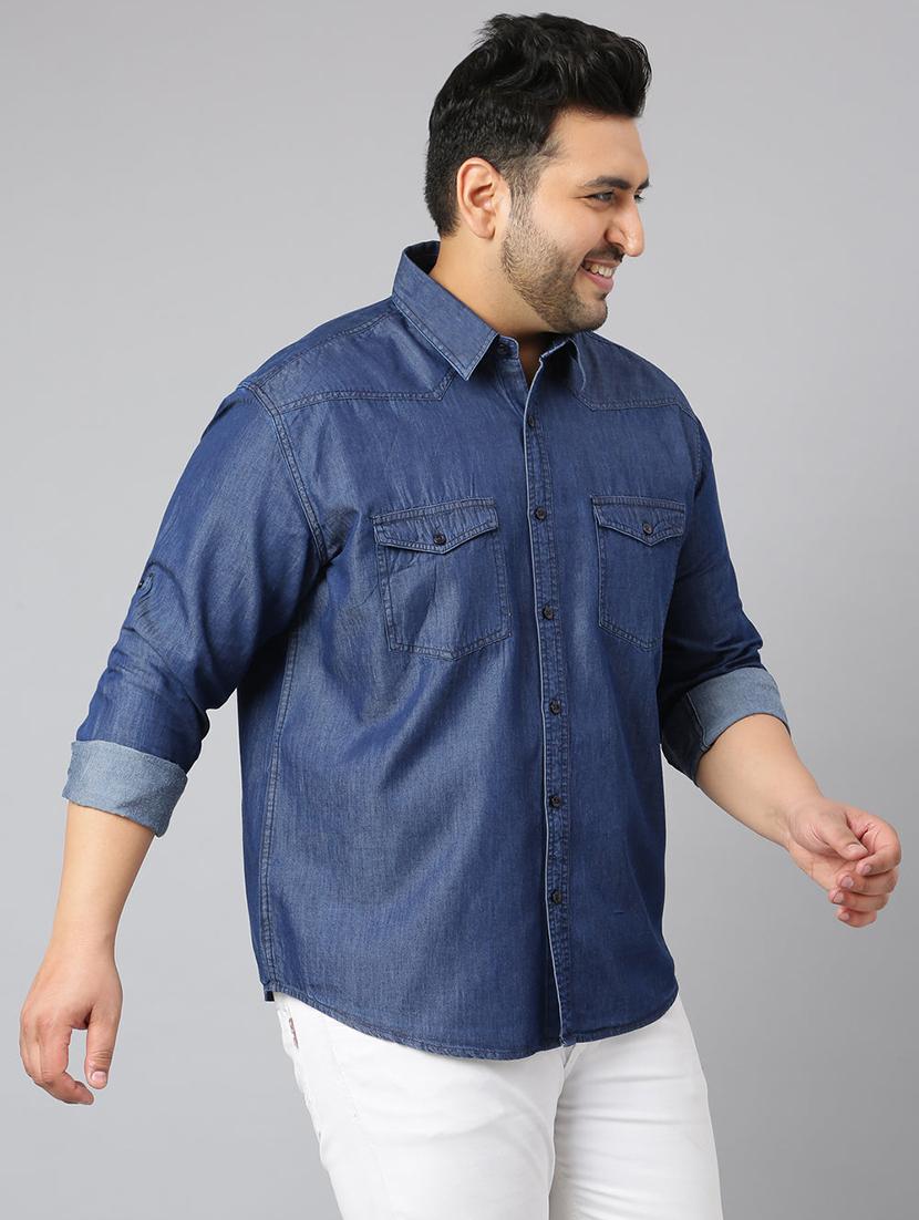 men plus size solid long sleeve regular fit denim casual shirt - 22004929 - Standard Image - 3