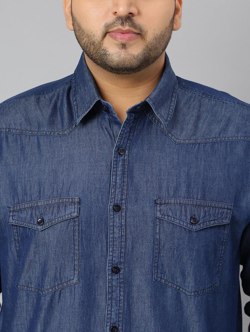 men plus size solid long sleeve regular fit denim casual shirt - 22004929 - Standard Image - 5