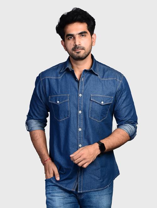 men solid long sleeve regular fit denim casual shirt - 22004930 - Standard Image - 0