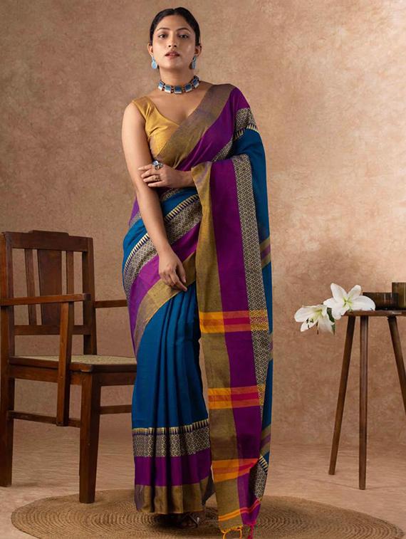 women solid with bordered handloom saree with blouse - 22004995 - Standard Image - 3