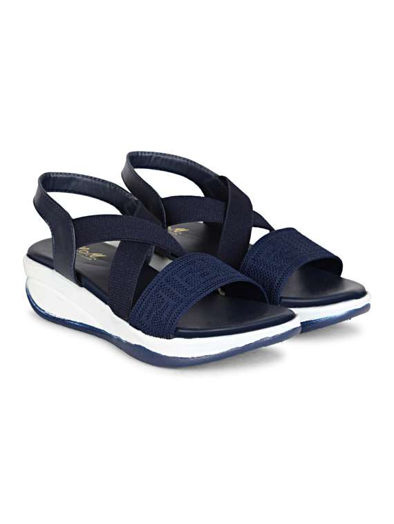 women blue back strap platform wedge