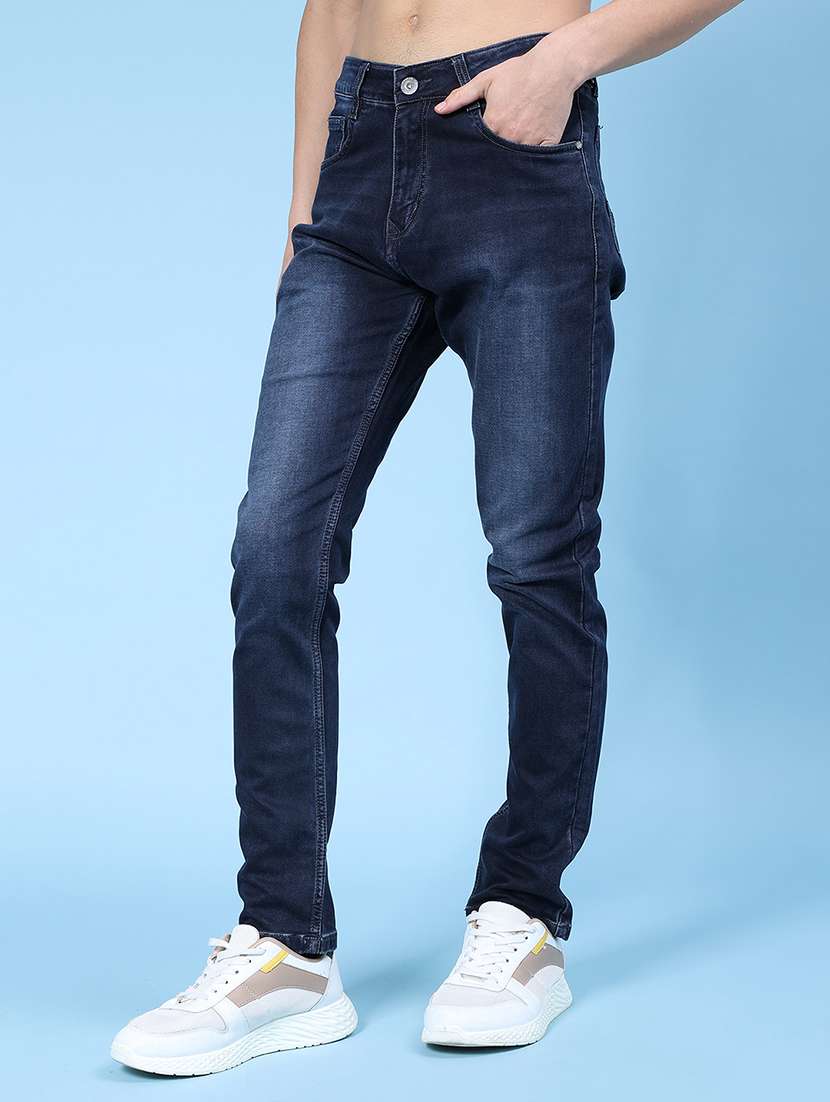men washed mid rise full length jean