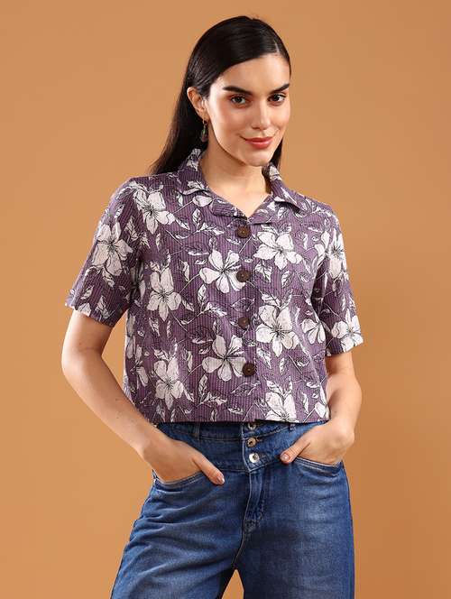women printed collared short sleeve crop shirt - 22005136 -  Standard Image - 0